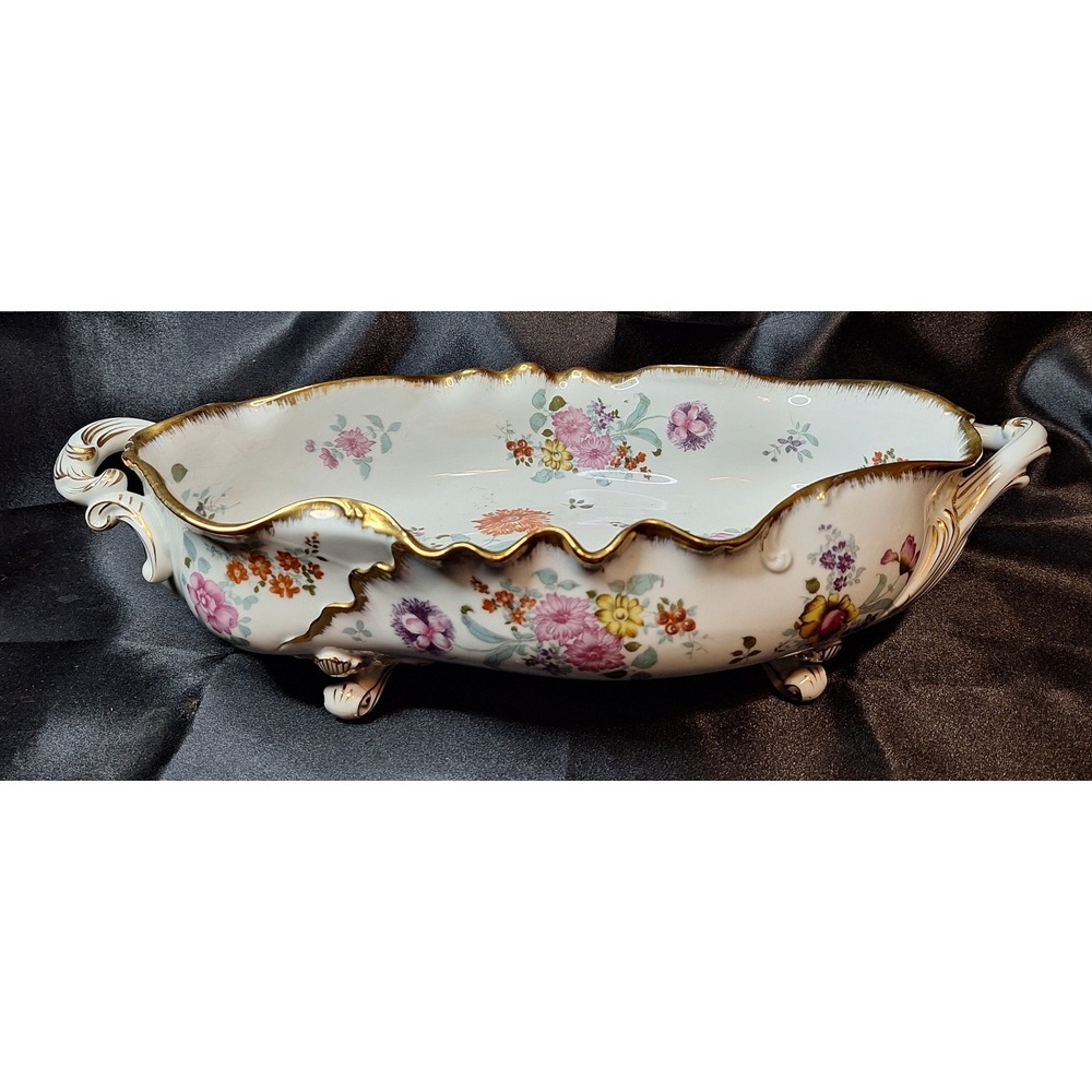 Vintage Footed Porcelain Centerpiece Bowl Floral Gold Gilt Scalloped Rim Handles